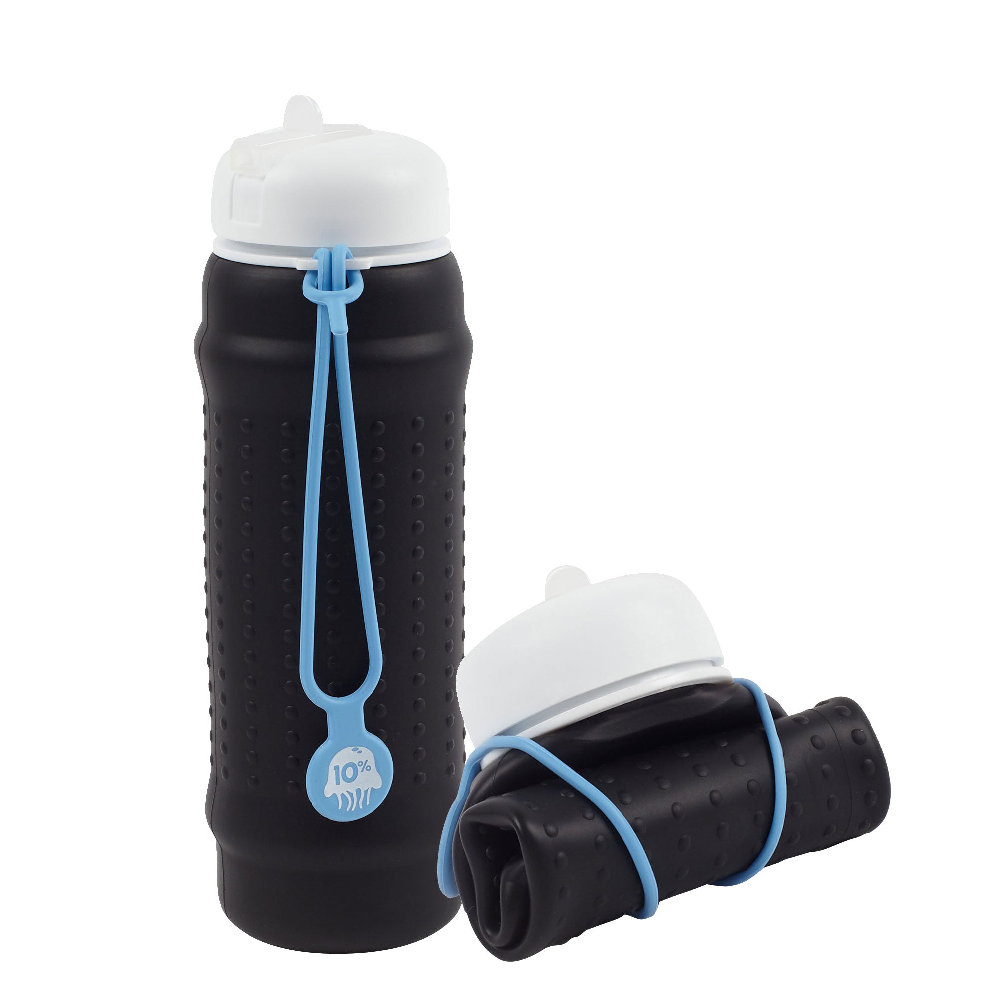 Rolla Bottle - Black, White Lid + Dusty Blue Strap - Tall and Rolled