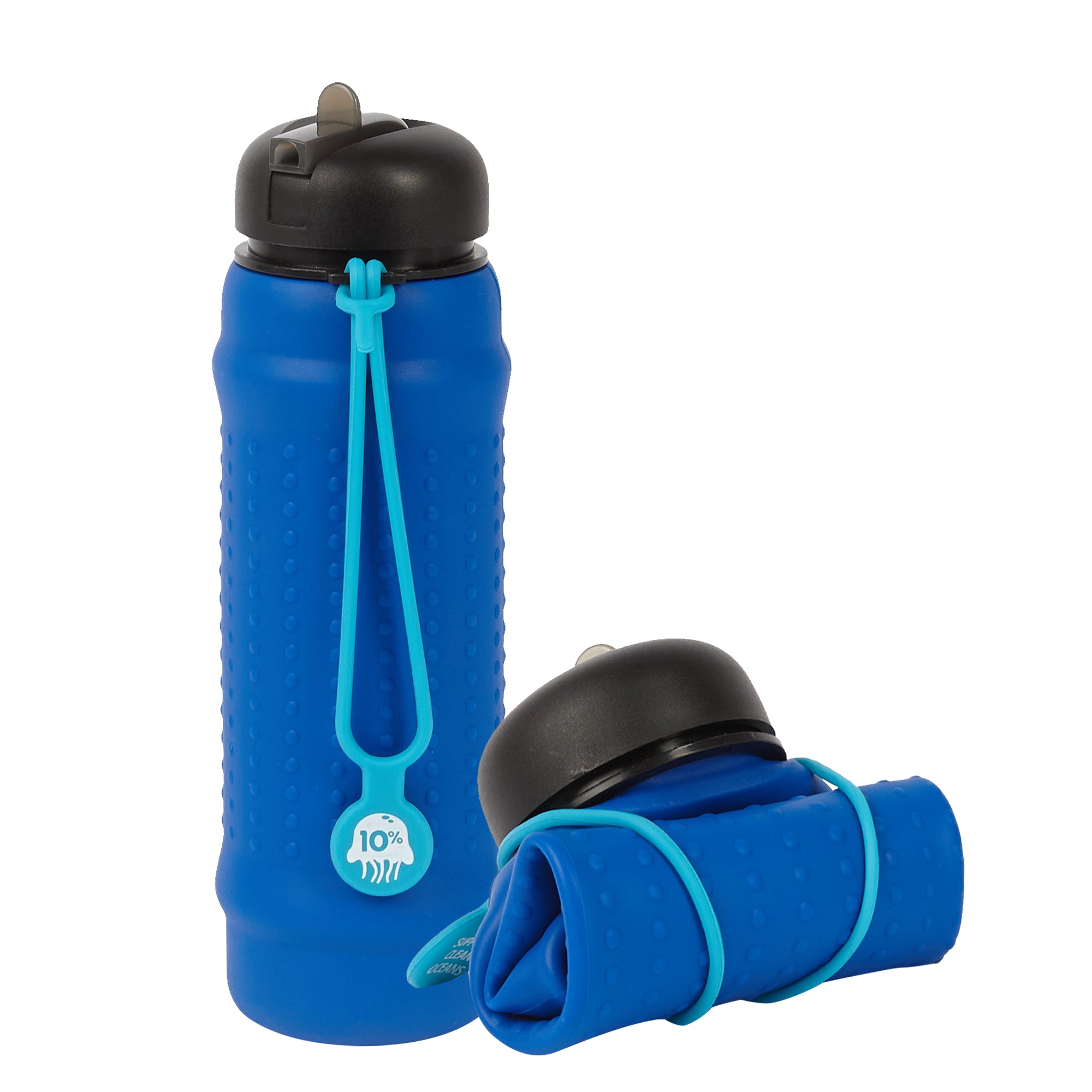 Rolla Bottle - Cobalt, Black Lid + Aqua Strap - tall and rolled