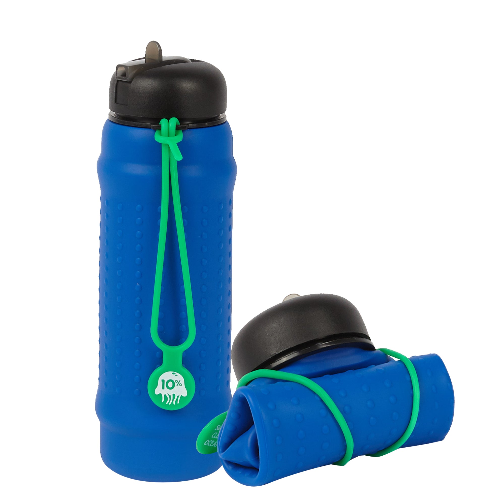 Rolla Bottle - Cobalt, Black Lid + Green Strap - tall and rolled