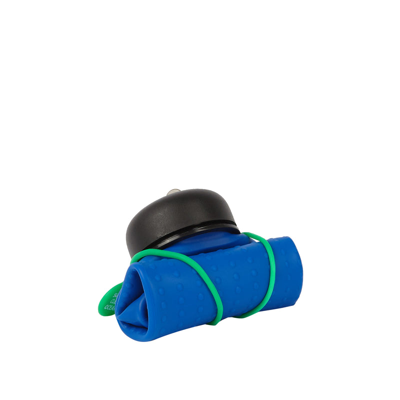 Rolla Bottle - Cobalt, Black Lid + Green Strap - tall and rolled
