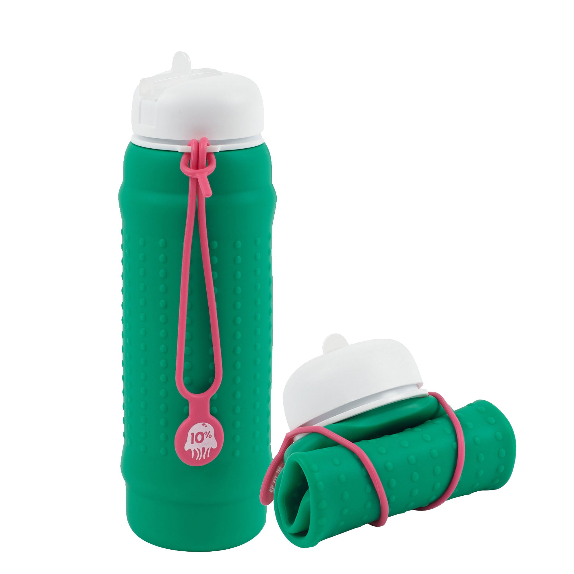 Rolla Bottle - Green, White Lid + Pink Strap