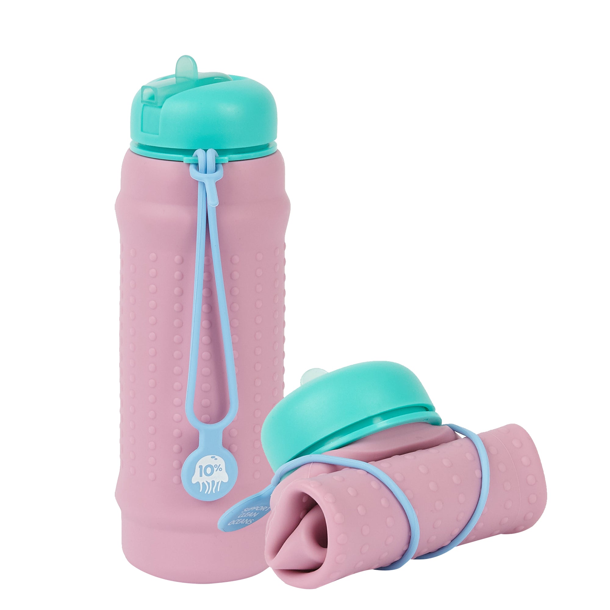Rolla Bottle - Pink Lilac, Teal Lid + Dusty Blue Strap - tall and rolled