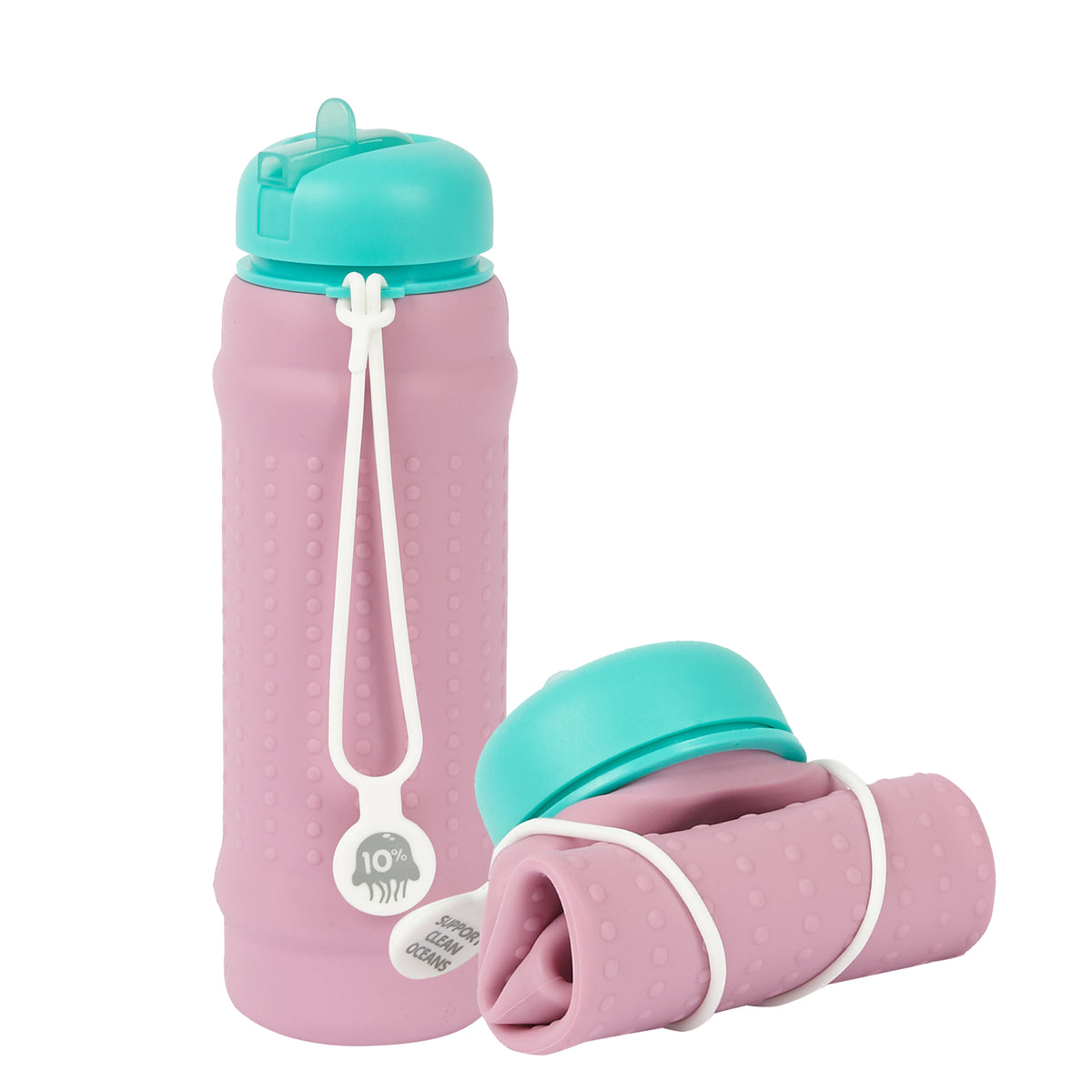 Rolla Bottle - Pink Lilac, Teal Lid + White Strap - tall and rolled