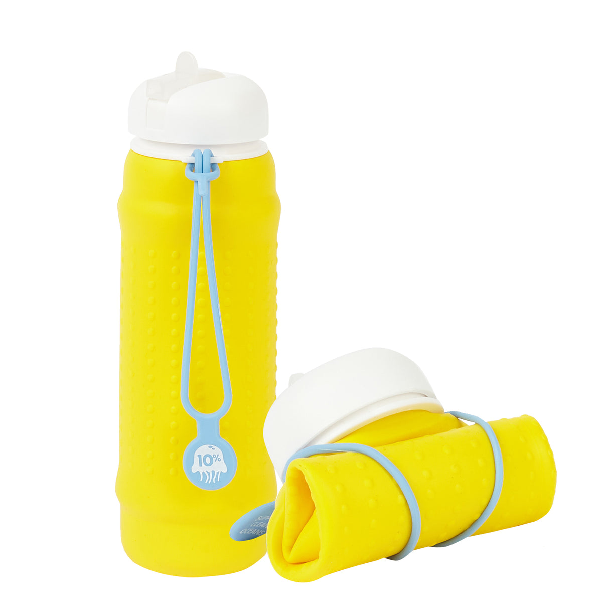 Rolla Bottle - Yellow, White Lid + Dusty Blue Strap - tall and rolled
