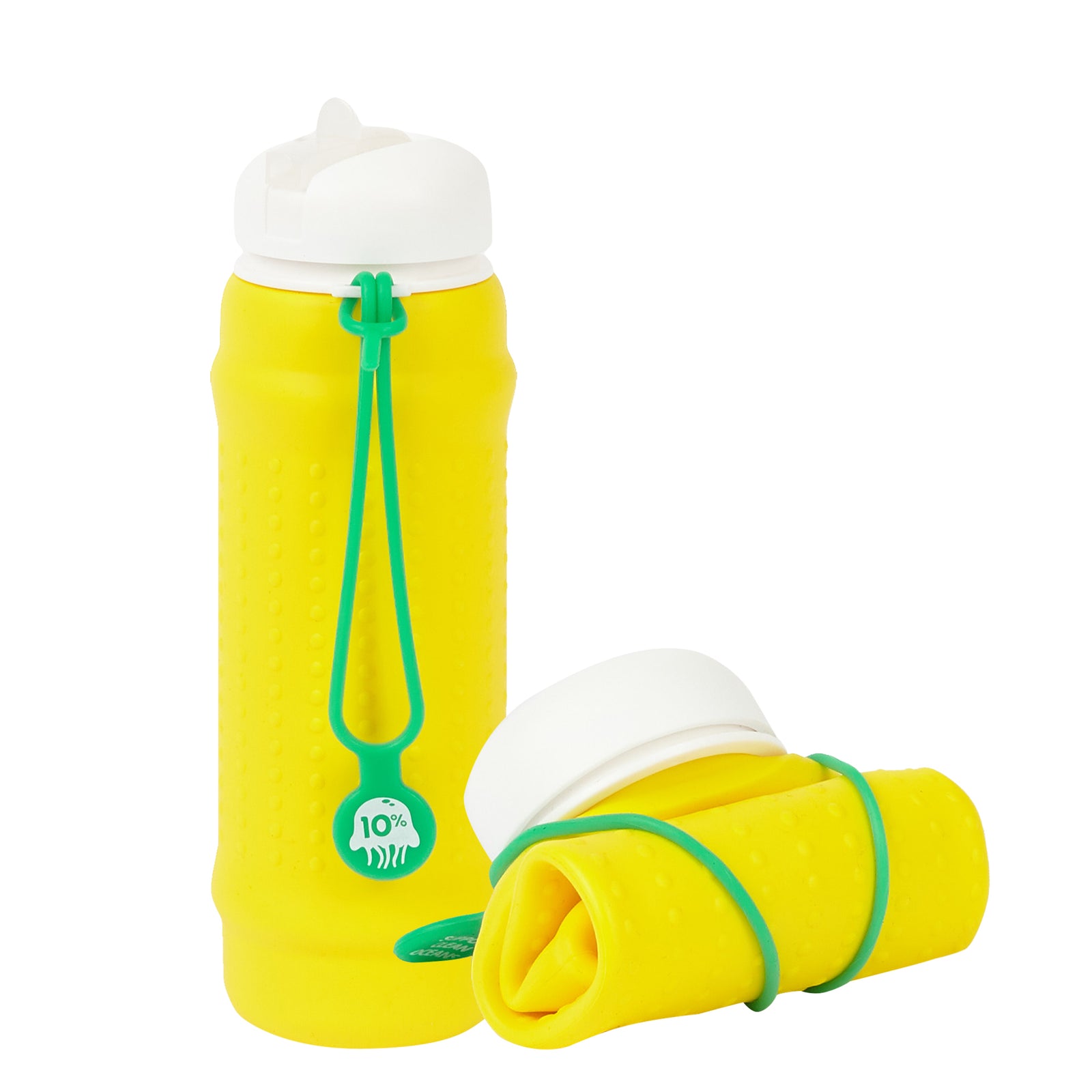 olla Bottle - Yellow, White Lid + Green Strap - tall and rolled