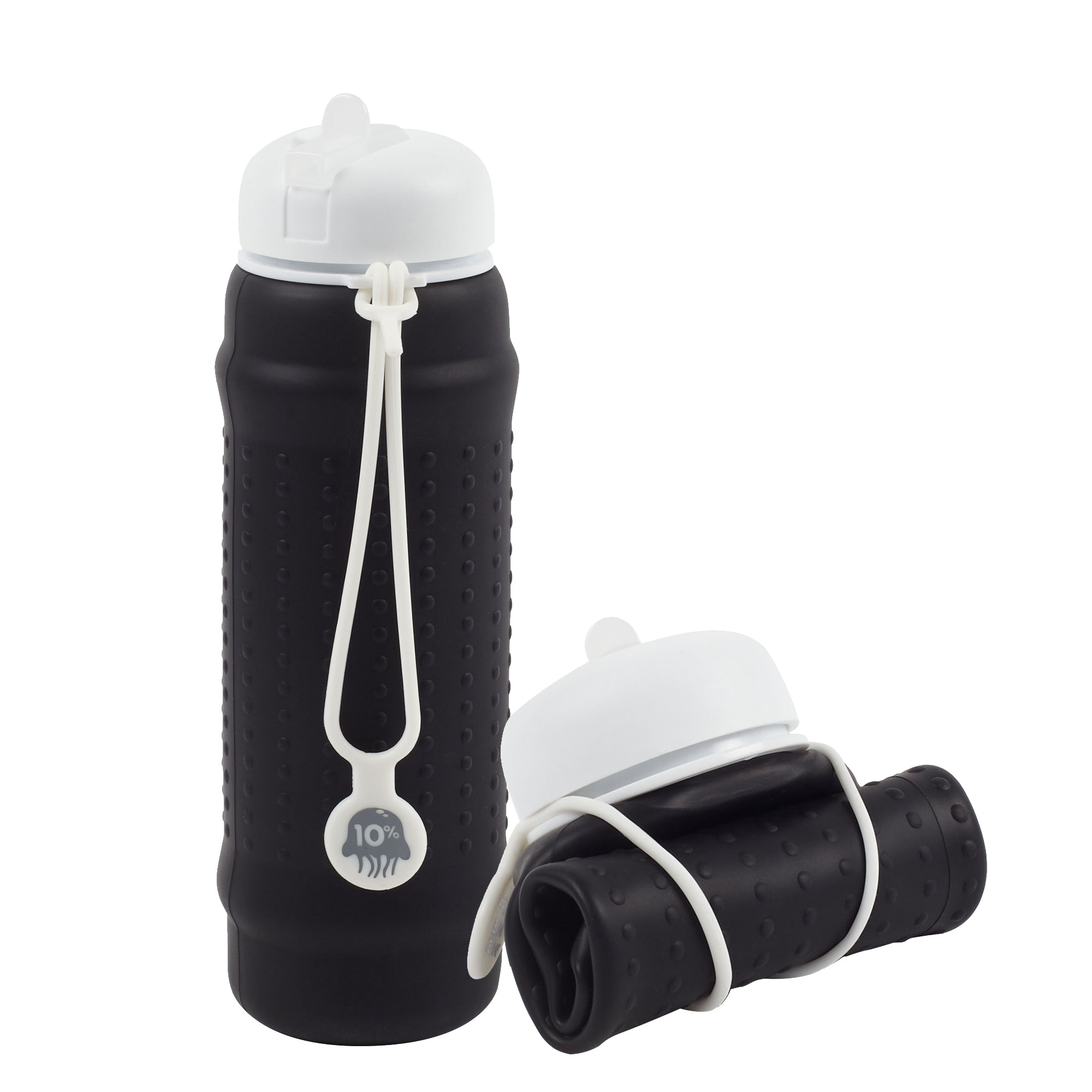 Rolla Bottle - Black, White Lid + White Strap - Tall and Rolled